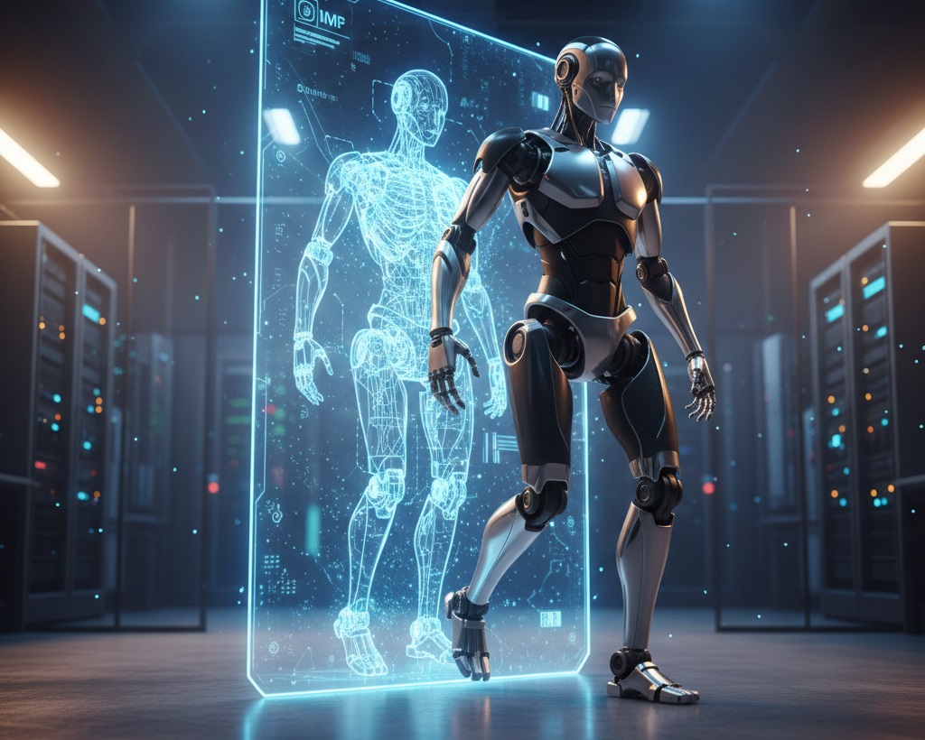 A humanoid robot transitioning from a digital blueprint into a physical laboratory, symbolizing the Great Era of 2026.