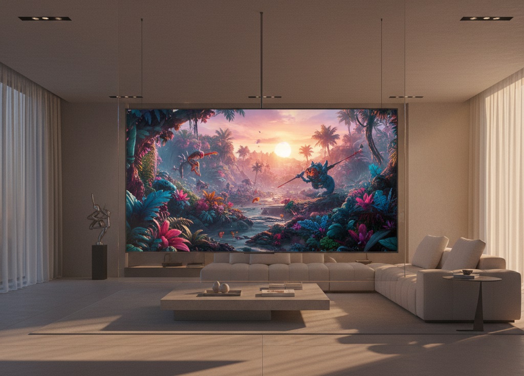 A transparent Micro-LED television displaying a floating 8K image in a luxury living room.