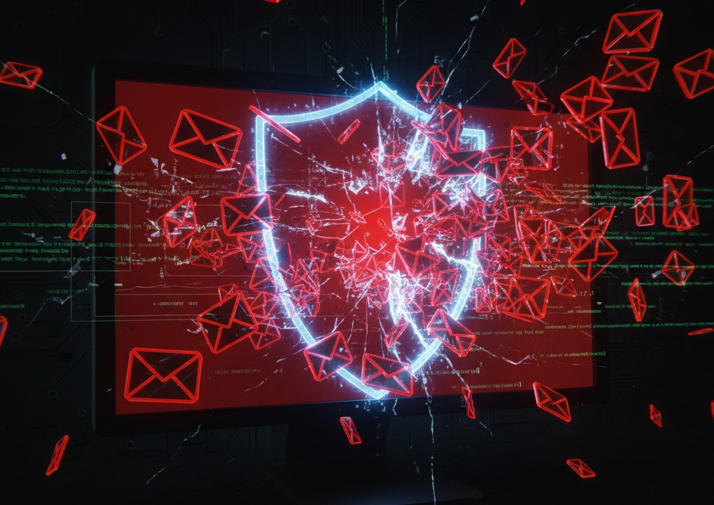 A visual representation of a major cybersecurity breach and AI-driven spam flooding a digital inbox.
