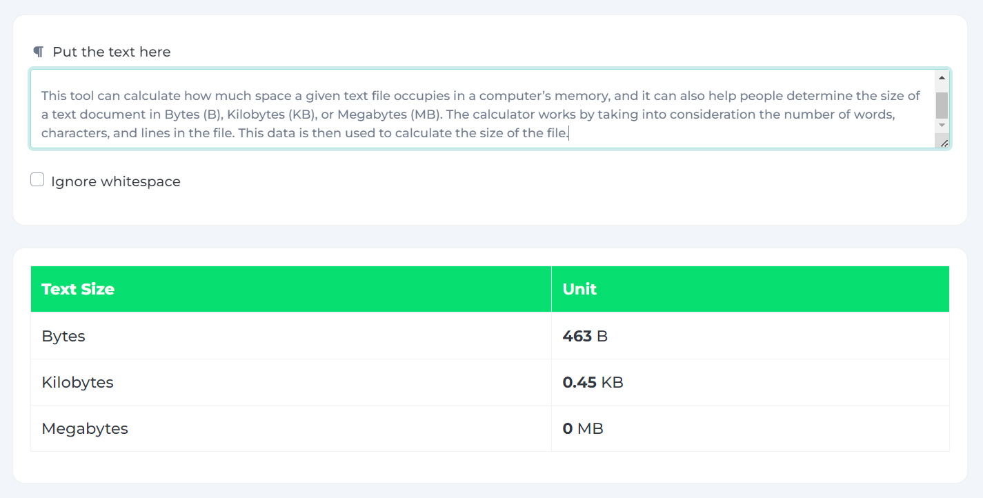 text size calculator in mb