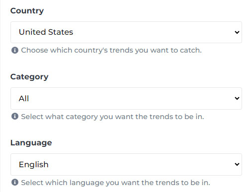 Select the desired category, country and language for analysis